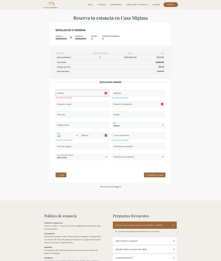 Casa Migima booking flow integrated with Sirvoy reservation system