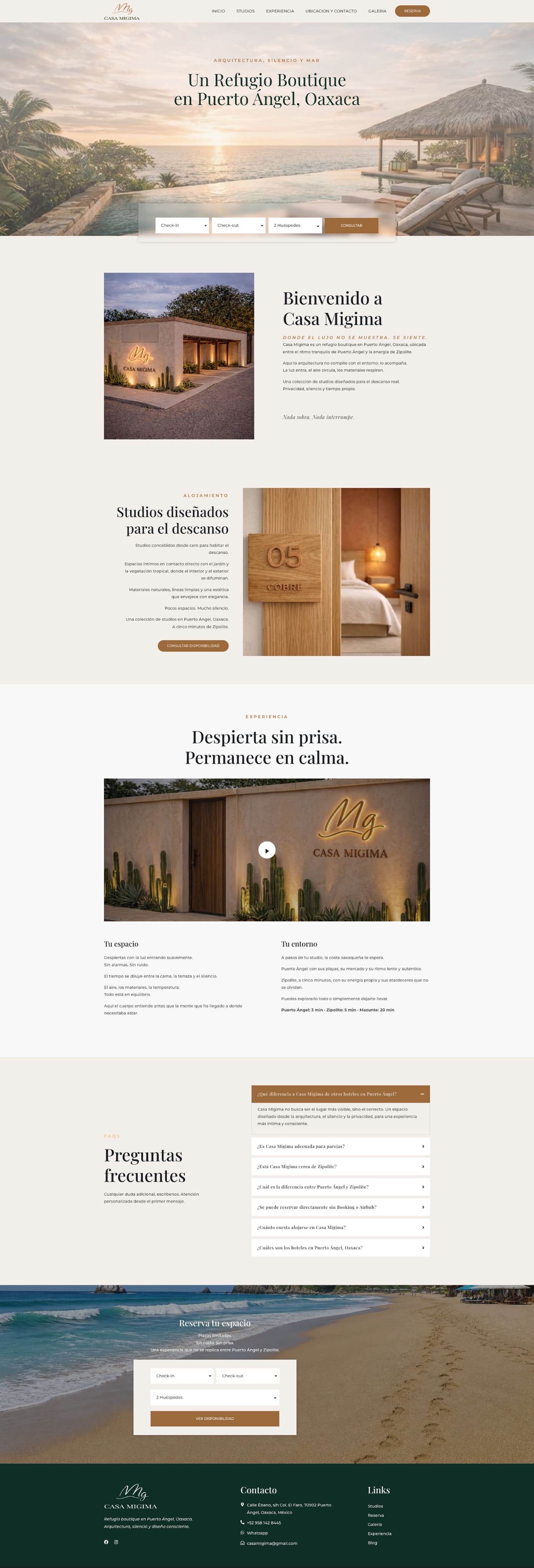 Casa Migima homepage design presenting apartments and direct booking call to action