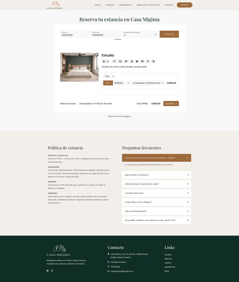 Casa Migima booking section with arrival date departure date guests and availability button