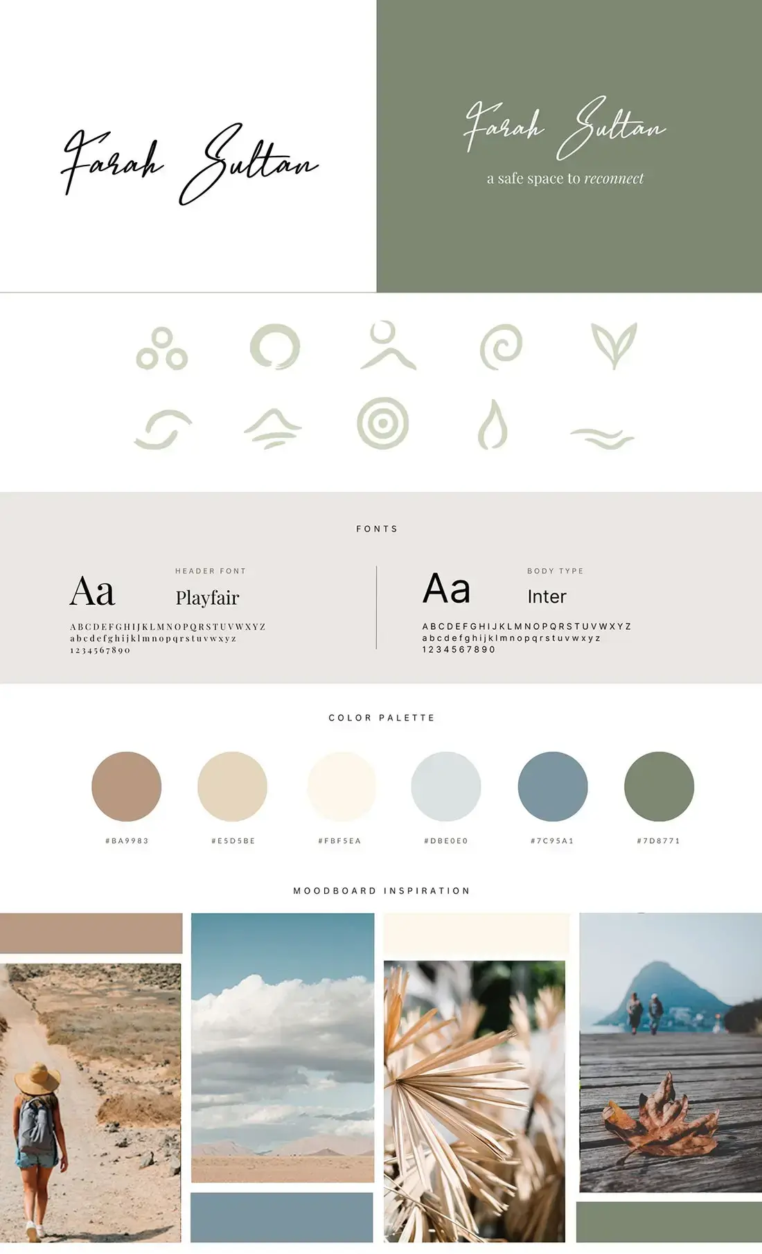 Farah Sultan visual identity with color palette typography and brand voice direction