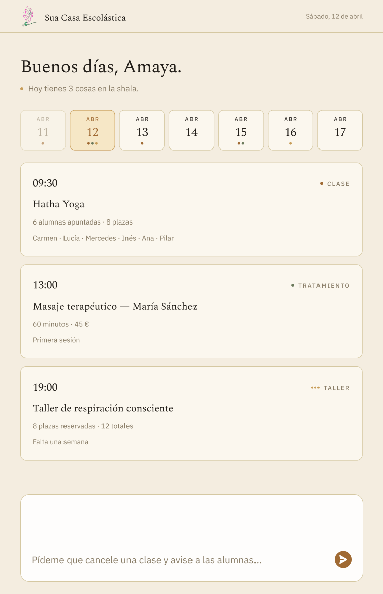 Conversational AI scheduling interface for managing classes workshops and treatments