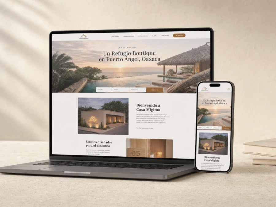 Casa Migima hospitality website mockup with direct booking flow integrated through Sirvoy